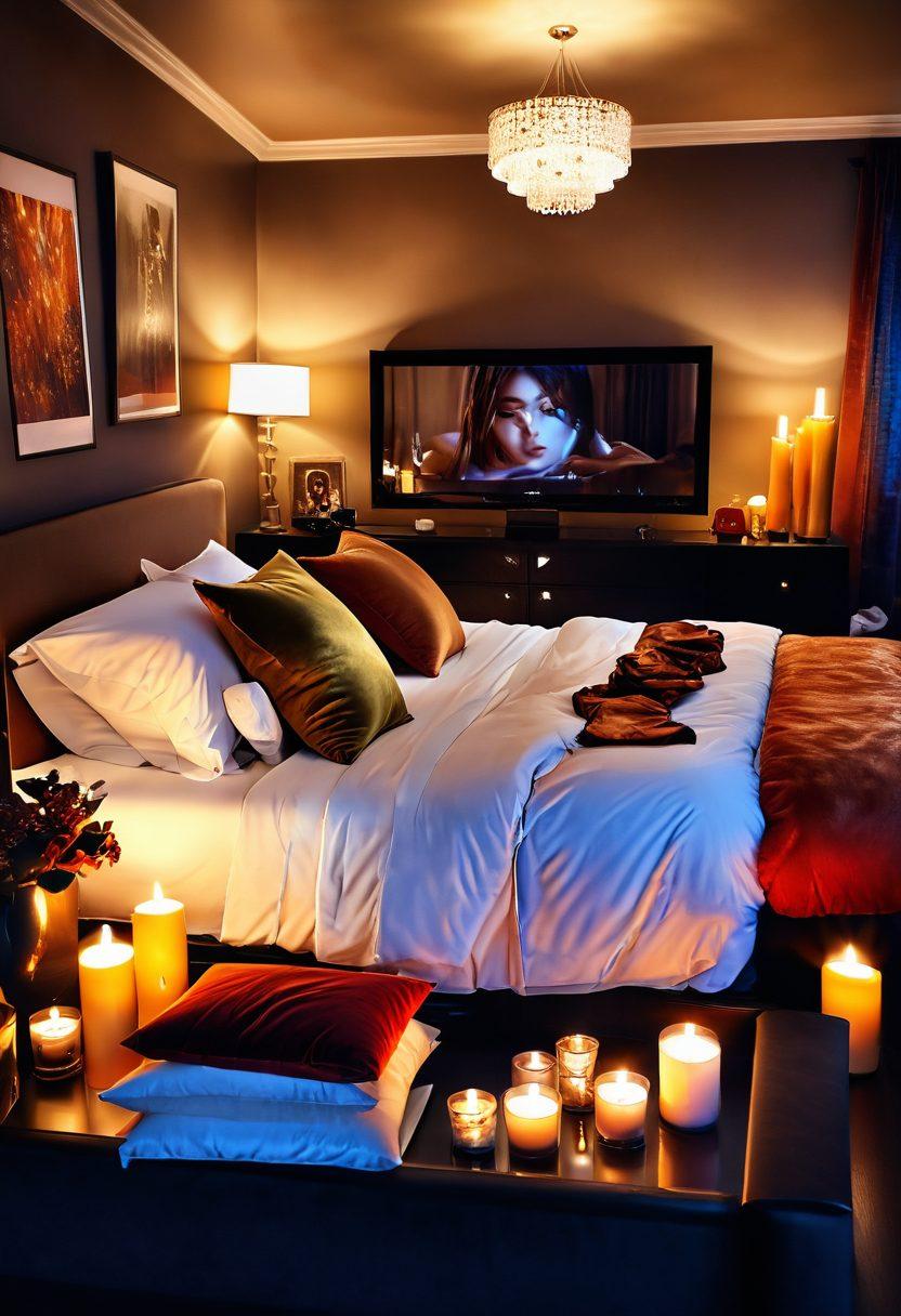 A visually captivating scene depicting an inviting and luxurious bedroom, softly lit with glowing candles and plush pillows. In the foreground, an assortment of adult video cases and erotic media elegantly arranged, exuding a sense of allure and excitement. Subtle hints of sensuality in the decor, with tasteful art pieces that suggest intimacy. The overall atmosphere should feel warm and enticing, evoking curiosity and exploration. vibrant colors. soft focus.