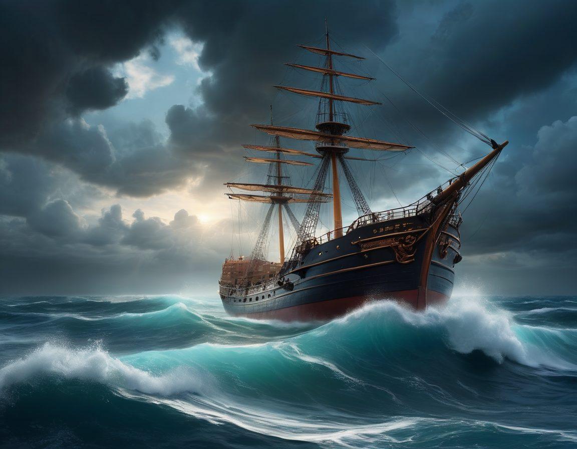 A serene, metaphorical ocean scene depicting a ship navigating through turbulent waters, symbolizing the journey of exploring adult media content. The ship is adorned with faint images of various adult media symbols, while the skies above shift from dark storm clouds to clear blue to represent understanding and clarity. The water has an ethereal glow, illuminating the path ahead. super-realistic. vibrant colors. 3D.